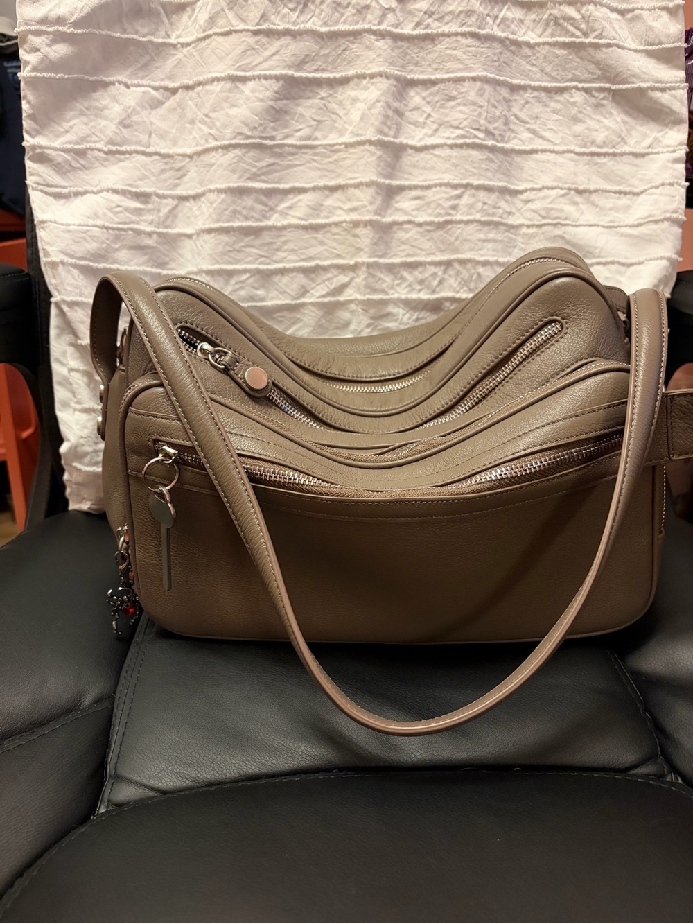 Bogdana Siena Structured Shoulder Bag in Taupe with Multiple Zip Pockets